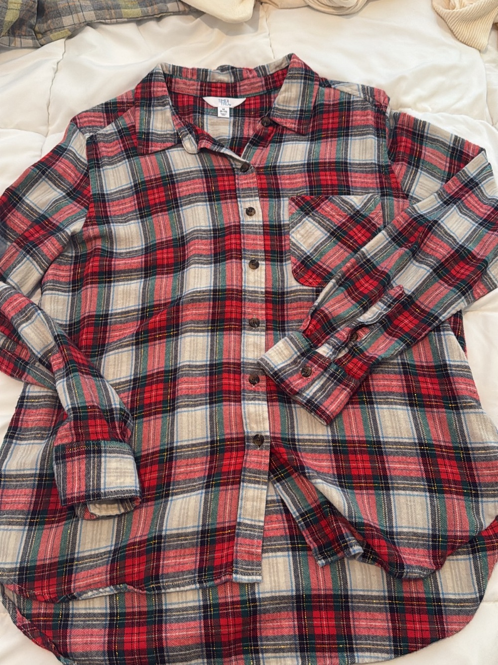 Plaid Button-Up Shirt in Red and Cream